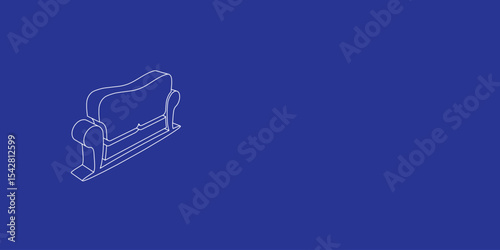 The outline of a large sofa symbol made of white lines on the left. 3D view of the object in perspective. Vector illustration on indigo background