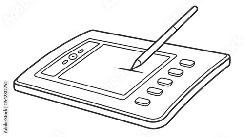 Illustration of a graphic tablet with a pen resting on its surface and several buttons on the side