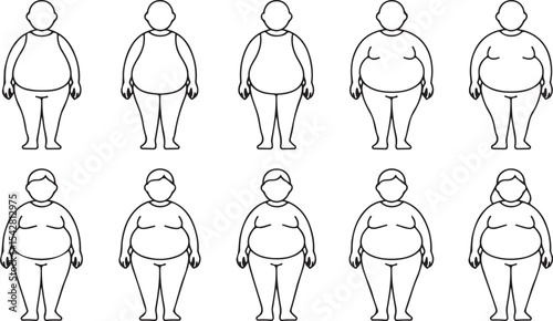 Outline of Overweight People Standing in a Row on a Plain Background Vector