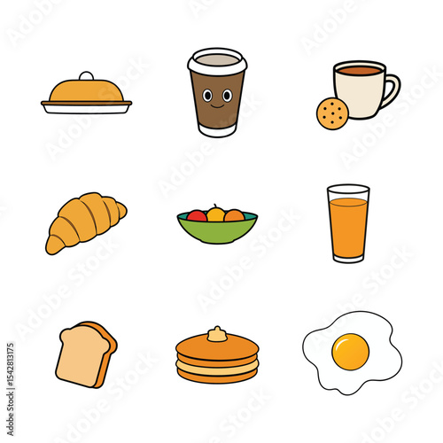 Vector art of breakfast food items including coffee juice croissant pancakes egg and toast isolated on white background