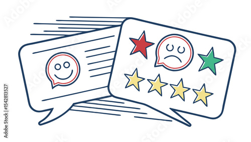 Two speech bubbles showing customer feedback with stars and happy and sad face icons displayed