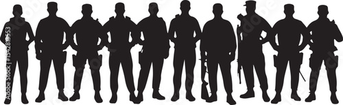 Silhouette of Security Guards Standing in a Row on a Plain Background