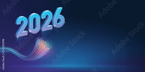 Futuristic 2026 Data Stream Concept with Fiber Optics on Blue Backdrop