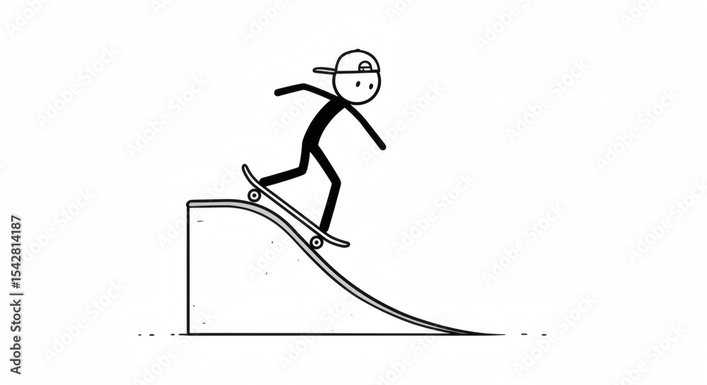 Fototapeta premium Stick Figure Skateboarding Down a Ramp Simple Illustration
