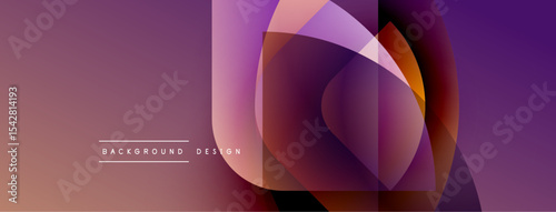 Abstract gradient shapes overlap, creating dynamic visual effect. Purple, orange hues dominate design. Minimal text present.