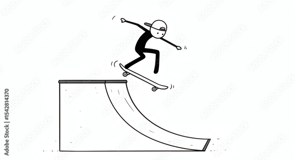 Fototapeta premium Skateboarding Illustration Ramp Trick, Simple Line Art