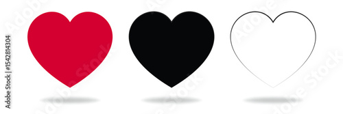 Set of three heart icons in red, black, and outline style with shadow.