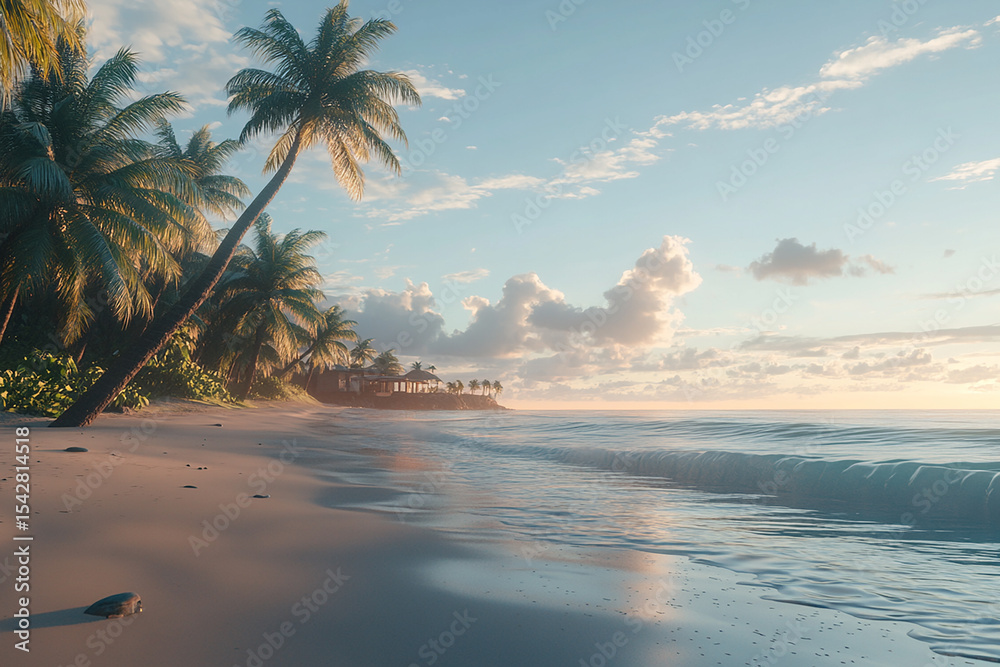 Fototapeta premium Palm trees on a beach with gentle waves under a cloudy pastel sky view