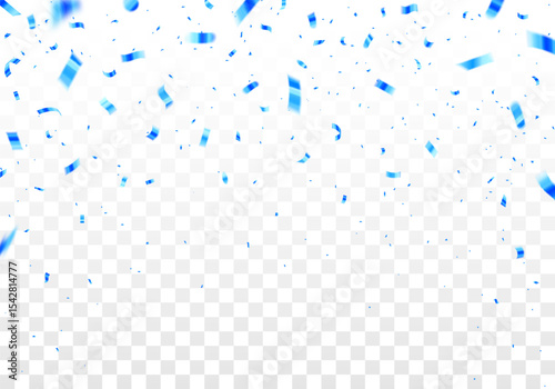 Blue confetti falling down on transparent background, celebration vector illustration. Luxury anniversary template. Flying decoration elements.