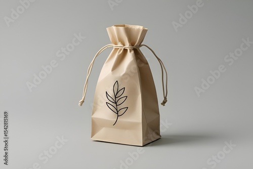 Minimal Kraft Paper Bag with Leaf Design on Light Grey Background