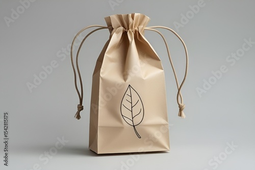 Minimal Kraft Paper Bag with Leaf Design on Light Grey Background