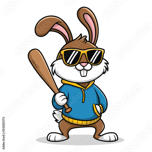 Angry rabbit wearing sunglasses and standing with a hockey stick character vector illustration