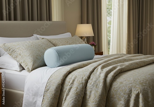 Elegant bedroom featuring a bolster pillow and stylish bedding in a neutral color palette