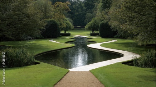Balanced garden space with soft pathway curves and symmetrical water feature.