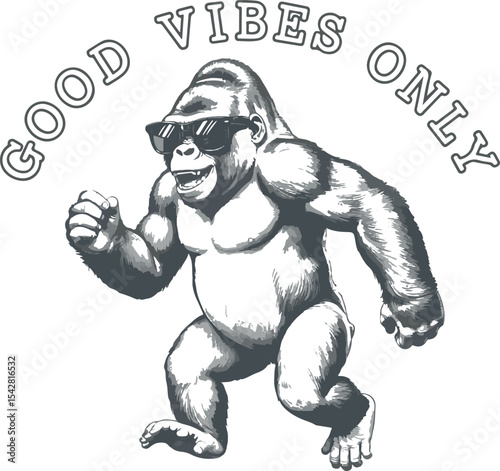 Walking Gorilla Wearing Sunglasses Good Vibes Only Monochrome Illustration Gray Scale Ape Graphic Design