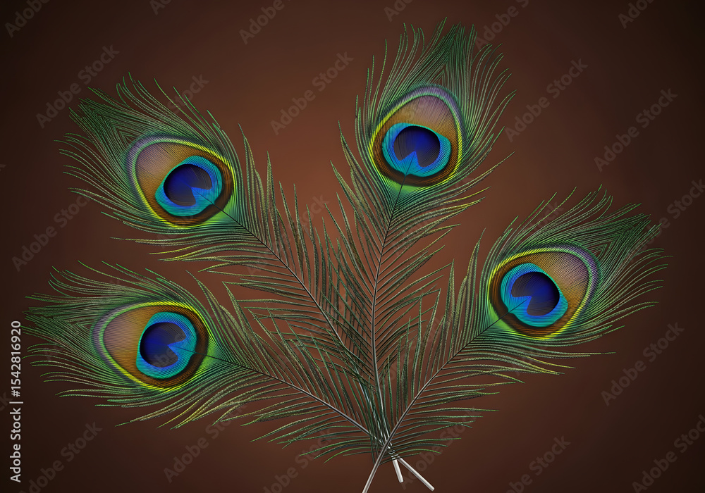 Obraz premium Four vibrant peacock feathers arranged on a brown background, showcasing their iridescent colors and intricate details