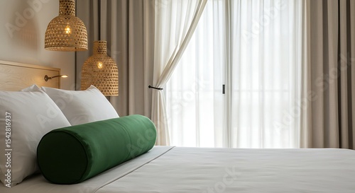 Elegant bedroom interior with natural light and decor for hotel or home staging