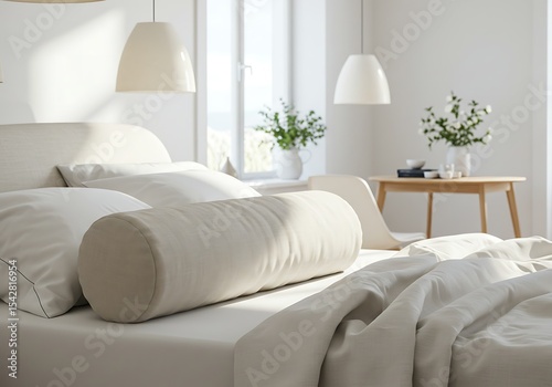 Elegant bedroom interior with natural light, soft bedding, and minimalist decor