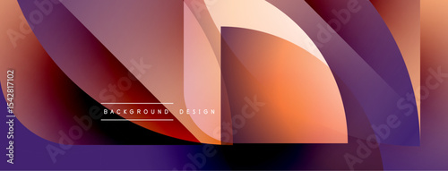 Abstract geometric shapes blend vibrant orange, purple hues. Modern design creates dynamic visual impact. Smooth gradients offer depth.