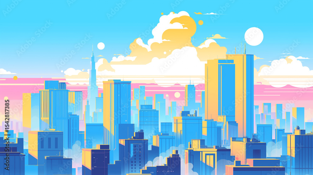 custom made wallpaper toronto digital抽象的カラーグラデと細密線で描くレトロポップ都市景観、夕暮れ時に染まる高層ビル群と背景のコントラストが映えるスタイリッシュな建築スカイラインアート