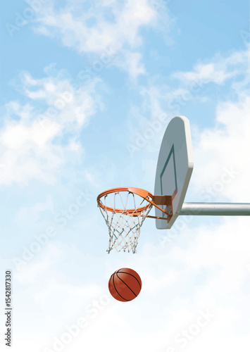 035-44-Basketball falling from the hoop against a bright blue sky with white clouds
