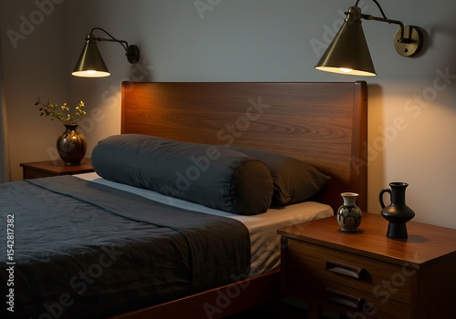 Elegant bedroom interior with wooden headboard, bedside tables, and stylish lamps