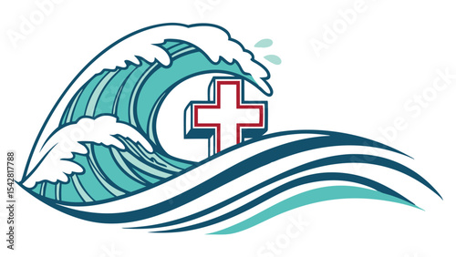 Illustration of a red cross emblem partially obscured by stylized waves in shades of blue and white