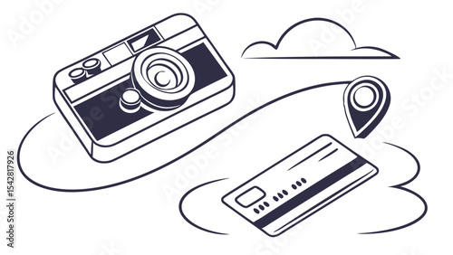 Illustration showing a camera, credit card, location pin, and cloud connected by a curved line