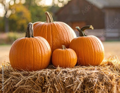 Four Pumpkins Of Different Sizes On A Hay Bale In A Rural Setting
