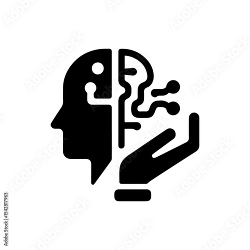 Flat vector icon of a human head silhouette with a hand and microchip symbols. Represents AI integration, artificial intelligence, and human-machine connection in a simple, minimalist style.