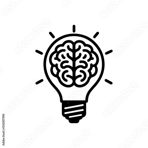 Black outline icon of a brain inside a lightbulb. Symbolizes creativity, intelligence, and innovative ideas. Simple flat design for presentations, logos, and educational content.
