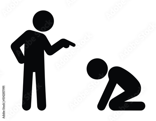 Flat vector icon set: one stickman standing strictly pointing at another who kneels with bowed head. Symbolizes conflict, judgment, reprimand, and dominance in a simple minimalist style.