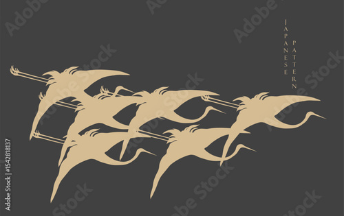 Abstract art gold crane birds or herons element vector. Hand drawn animal decorations in Japanese style.