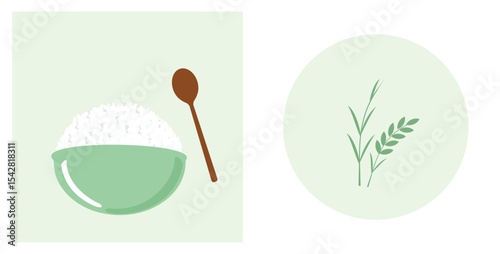 Rice bowl with spoon and rice or wheat sign logo on green backgrounds vector.