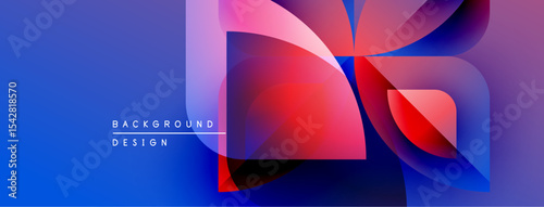 Abstract geometric shapes overlap, creating vibrant color gradients. Blue background complements red, pink hues. Modern design element.