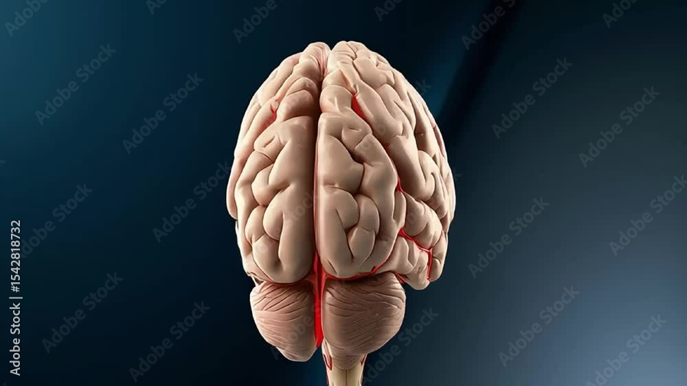 Human Brain Anatomy 3D Model with highlighted blood vessels and damaged ...