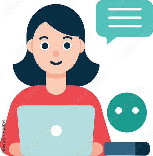 Flat Vector Of Woman Using Laptop With Chatbot