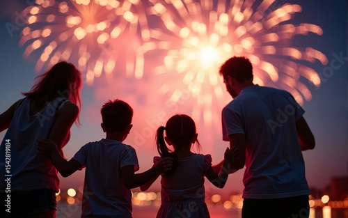 Family with children enjoying fireworks celebrating on Independence Day in USA, enthralled by the mesmerizing display of lights symbolizing the nation's pride and unity. High quality