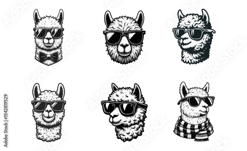 Alpaca sunglasses engrave illustration logo icon design