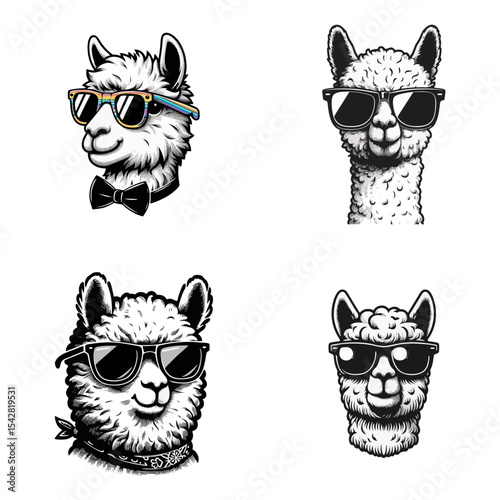 Alpaca sunglasses engrave illustration logo icon design