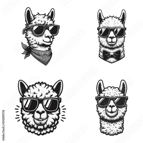 Alpaca sunglasses engrave illustration logo icon design