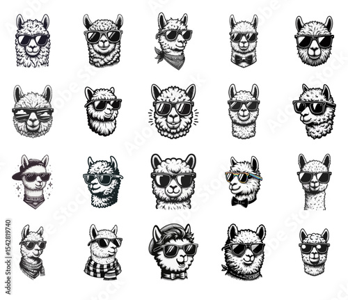 Alpaca sunglasses engrave illustration logo icon design