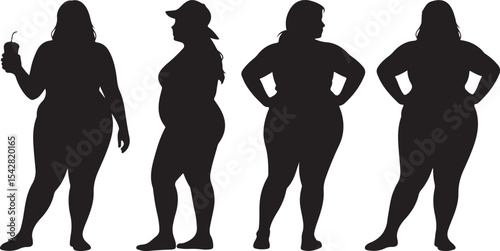 Plus Size Woman Silhouette Collection in Various Poses Black Vector Art