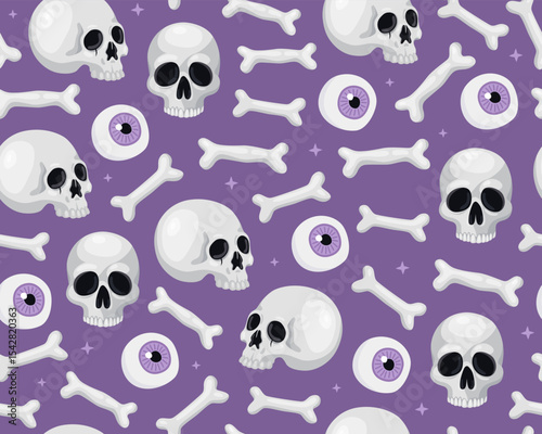 Halloween seamless pattern. Halloween cartoon illustration, skulls, bones and eyes on a purple background. Design for wrapping paper, print.