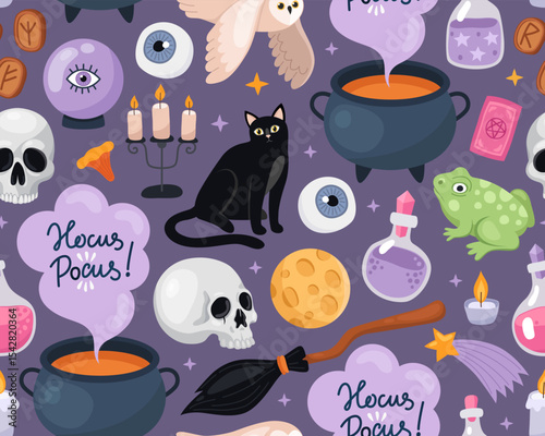 Halloween seamless pattern. Magic halloween cartoon illustration on a dark background. Witch's broom, cauldron, black cat, skull, owl, frog. Design for wrapping paper, print.