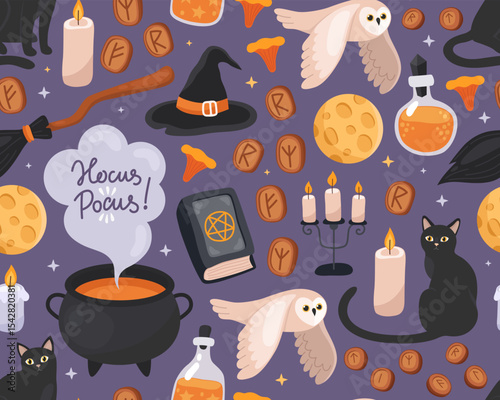 Halloween seamless pattern. Magic halloween cartoon illustration on a dark blue background. Witch's broom, hat, owl, book, cauldron, cat, candles, moon, runes. Design for wrapping paper, print.