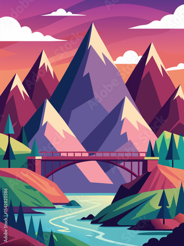 Majestic Mountain Landscape. Bridge over River at Sunset
