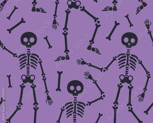 Halloween and day of the dead seamless pattern. Skeletons in different poses, black silhouettes of skeletons on a purple background, skull, bones. Design for wrapping paper, print.