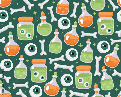 Halloween seamless pattern. Cartoon illustration on a dark green background. Magic poisons, witches' orange and green potions in glass flasks, jars, bones and eyes. Design for wrapping paper, print.