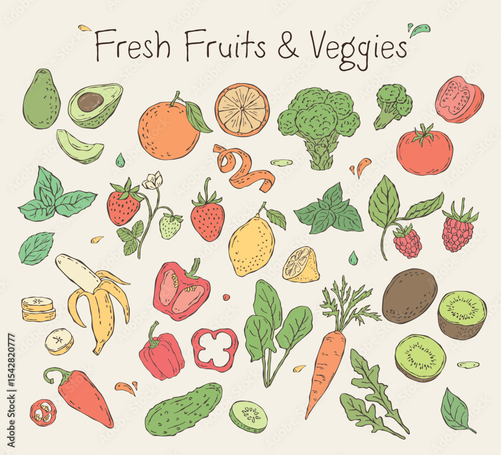Fototapeta premium Hand-drawn colorful vector sketch set of fruits and vegetables. A playful collection of minimal line illustrations with added color accents